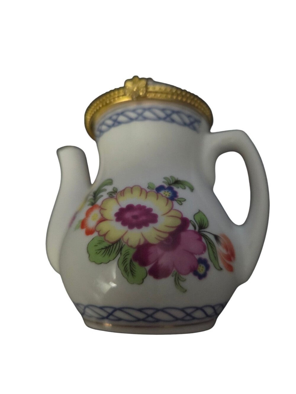 Vintage Miniature Hinged Teapot Trinket Box Floral Porcelain 3.5” EUC Gold Trim
